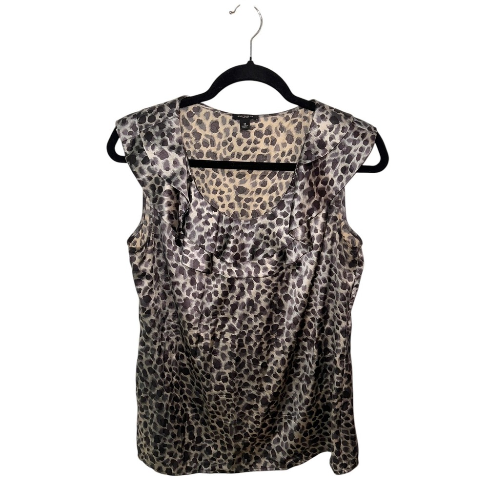 Ann Taylor Leopard Print Ruffle Silk Blend Mobwife Old Money Grey Black M